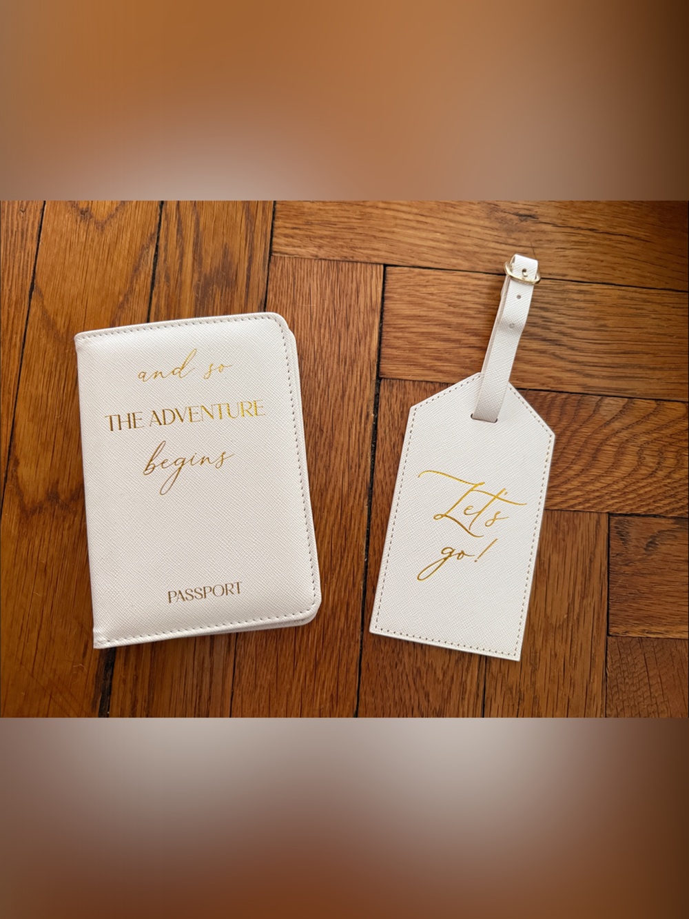 White Passport Holder & Luggage Tag Set with Gold Script